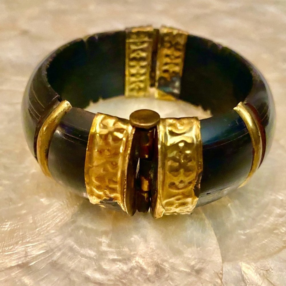 Vintage Bohemian Unique Horn and Hammered Metal Wide Bangle Bracelet